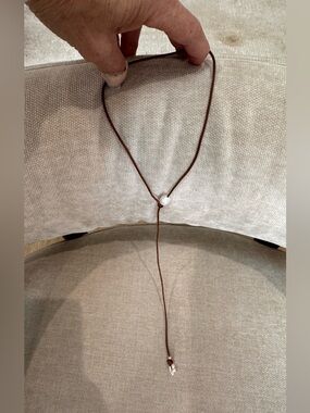Brown Leather Lariat Necklace with Pearl Accent